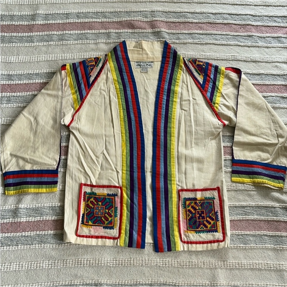Vintage Ethnic Embroidered Open-Front Jacket - Cream with Multicolor Trim
